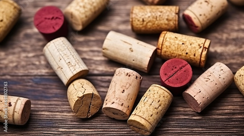 Tales of Vintage. Dated wine bottle corks on the wooden background. Generative AI