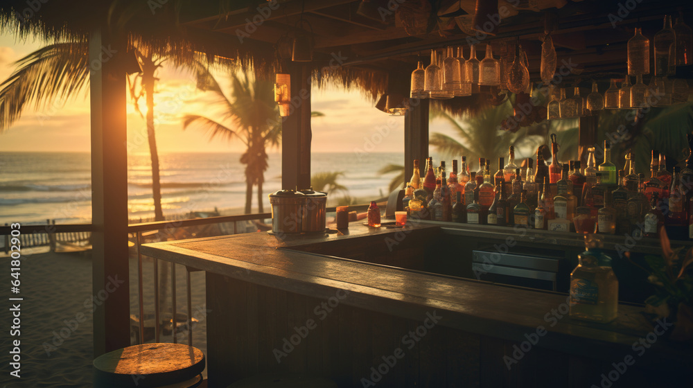 Generative AI, summer sunset beach bar background. Outdoor restaurant, Led light candles and wooden tables, chairs under beautiful sunset sky, sea view.	