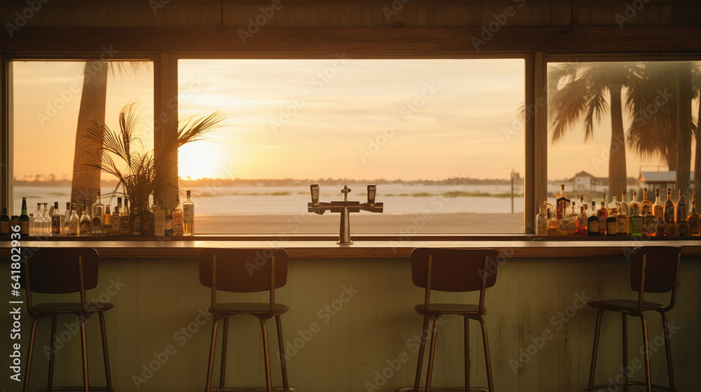 Fototapeta premium Generative AI, summer sunset beach bar background. Outdoor restaurant, Led light candles and wooden tables, chairs under beautiful sunset sky, sea view.