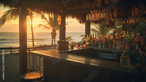 Generative AI  summer sunset beach bar background. Outdoor restaurant  Led light candles and wooden tables  chairs under beautiful sunset sky  sea view. 
