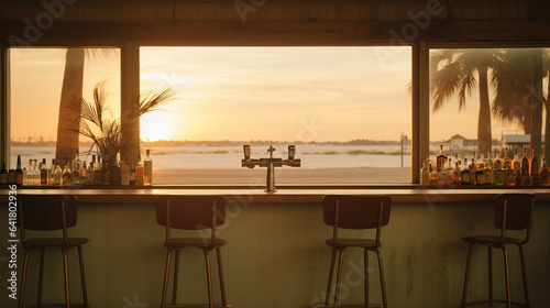 Generative AI  summer sunset beach bar background. Outdoor restaurant  Led light candles and wooden tables  chairs under beautiful sunset sky  sea view. 