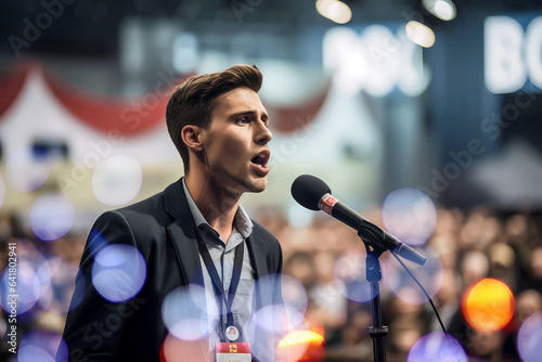 good looking young man at political convention speaking into microphone photo