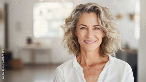 Beautiful middle age mature woman, cosmetics beauty skin care salon advertisement, happnes photo