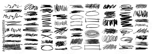 Grunge scrawls, charcoal scribbles, rough brush strokes, underlines and circles. Bold charcoal freehand stripes and ink shapes. Crayon or marker scribbles. Vector illustration