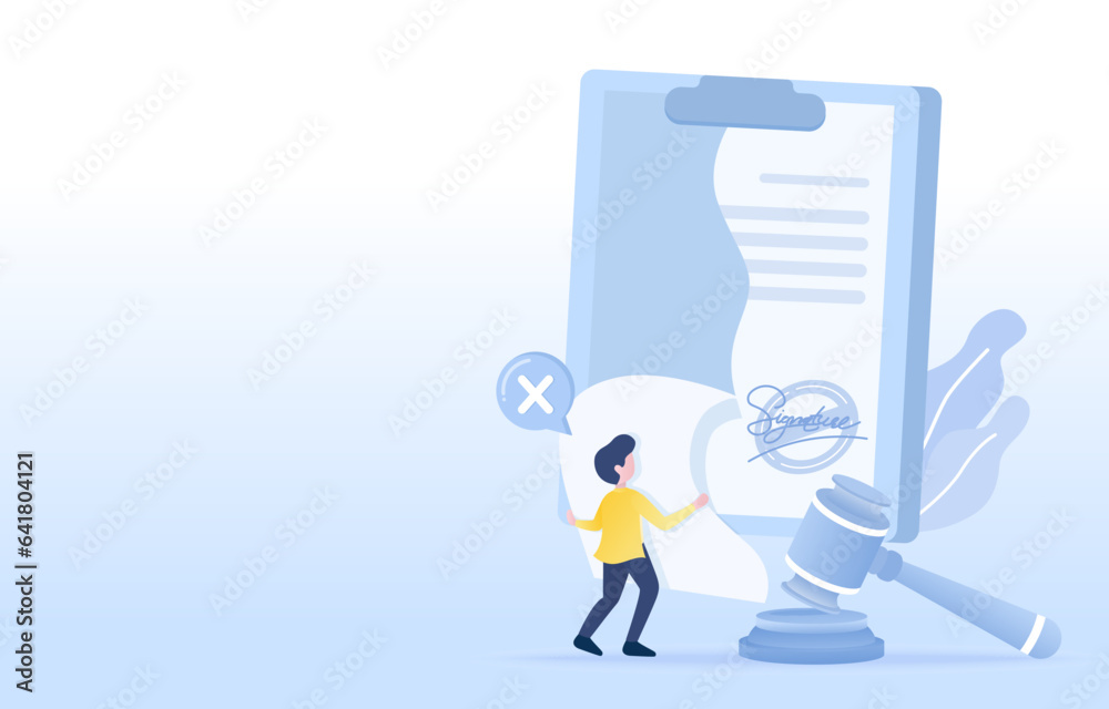 Contract cancellation concept. Problems, unsuccessful negotiation, termination of employment, fired from work, tearing up contract paper, disagreement and reject confirmation. Vector illustration.