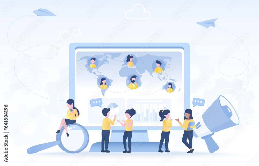 Business online communication concept. Global connection, working together, contact, meeting, talking, sharing and exchanging information. Flat vector design illustration. Business online communication concept. Global connection, working together, contact, meeting, talking, sharing and exchanging information. Flat vector design illustration.
