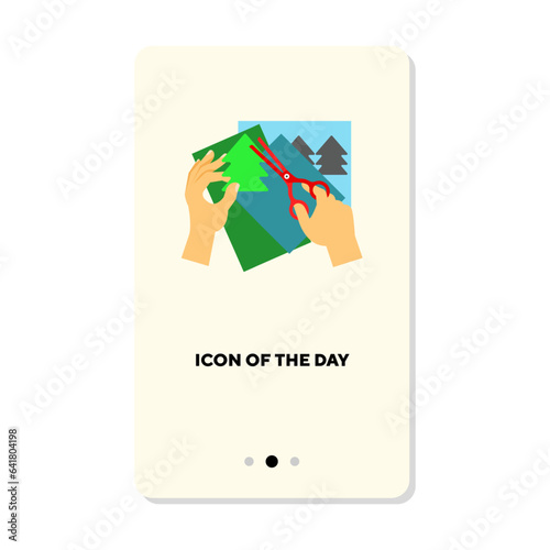 Indoor hobby icon. Leisure, schoolboy cutting out silhouette of green Christmas tree from cardboard and gluing them onto paper isolated vector sign. Entertainment and lifestyle concept