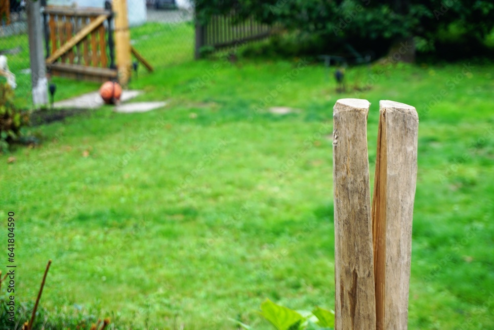 Garten Panorama mit braunem Holzzaunpfahl vor Wiese mit rotem Basketball vor offenem Holzzaun am Nachmittag im Sommer Garten Panorama mit braunem Holzzaunpfahl vor Wiese mit rotem Basketball vor offenem Holzzaun am Nachmittag im Sommer