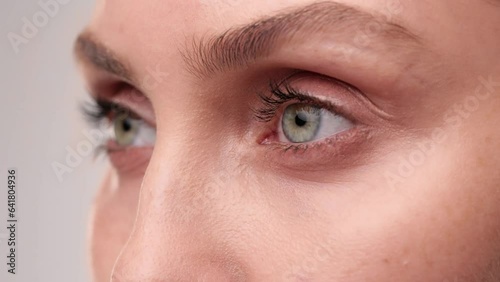 Close up. Macro zoom shot of eyes. Slow motion. Attractive brunette girl look at the windows. Caucasian beautiful female face. Young woman eyes opening while looking at Camera, having long Eyelashes.