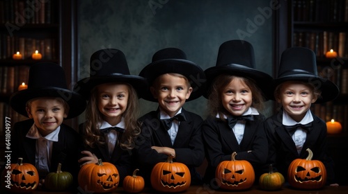Happy Halloween! A gathering of costumed children with pumpkins at home