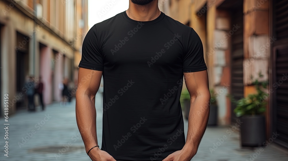 Generative AI, Realistic black T-Shirt mock up blank put on young man, front view, copyspace for presentation advertising. Blank business concept. Generative AI, Realistic black T-Shirt mock up blank put on young man, front view, copyspace for presentation advertising. Blank business concept.