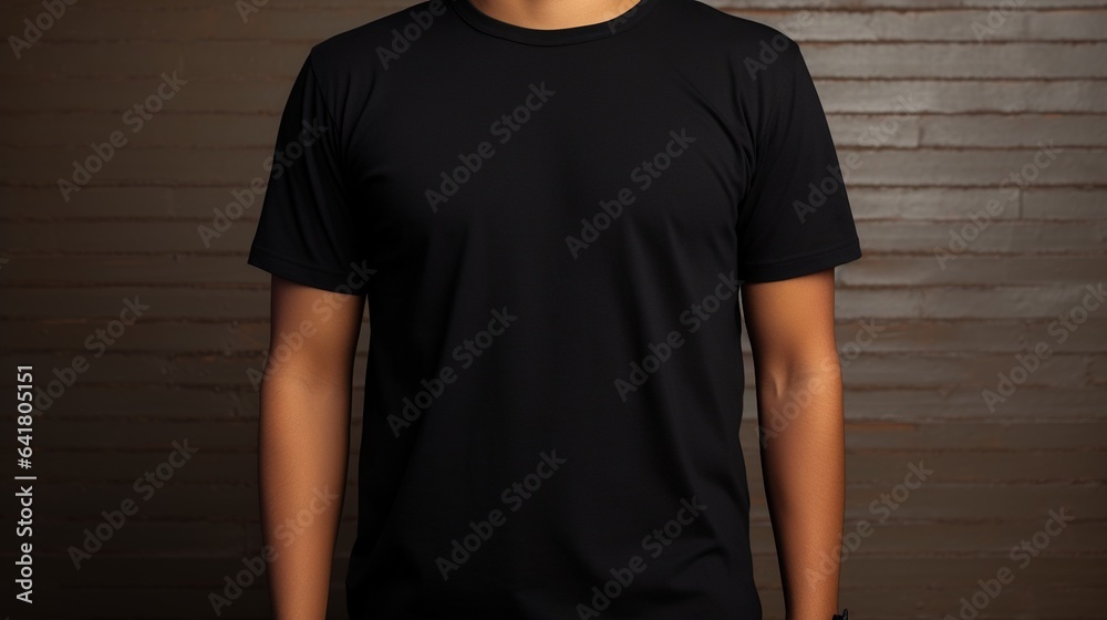 Generative AI, Realistic black T-Shirt mock up blank put on young man, front view, copyspace for presentation advertising. Blank business concept.	