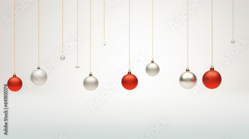 simple illustration, light background, christmas postcard, simple design, some christmas decorations hanging from the top of the card. Copy space is available.