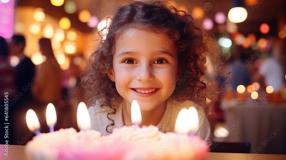 A little girl with joyful crazy look ready to blow out the candles on her birthday cake celebration. Generative AI A little girl with joyful crazy look ready to blow out the candles on her birthday cake celebration. Generative AI