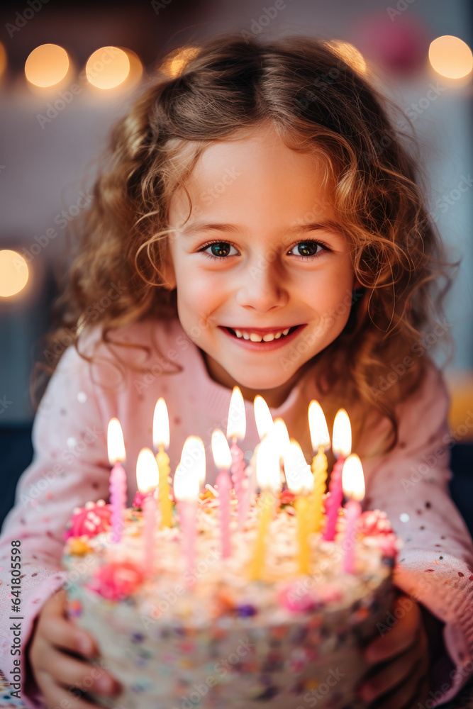 A little girl with joyful crazy look ready to blow out the candles on her birthday cake celebration. Generative AI A little girl with joyful crazy look ready to blow out the candles on her birthday cake celebration. Generative AI