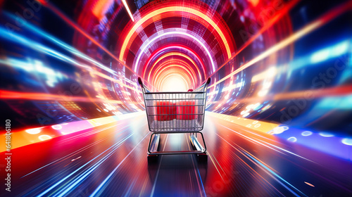 Detailed view of a shopping cart wheel, turning smoothly as it glides down a spacious aisle
