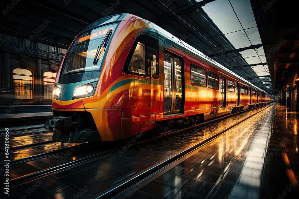 Fototapeta premium Subway speed modern train in motion on station. Fast moving modern passenger train on railway platform. Commercial transportation