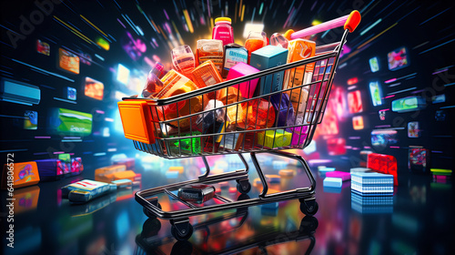 Overhead view of a shopping cart filled to the brim, with a mosaic of products creating a colorful palette photo