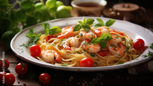 Mediterranean Fusion. A plate of pasta with shrimp and tomatoes on a table. Generative AI