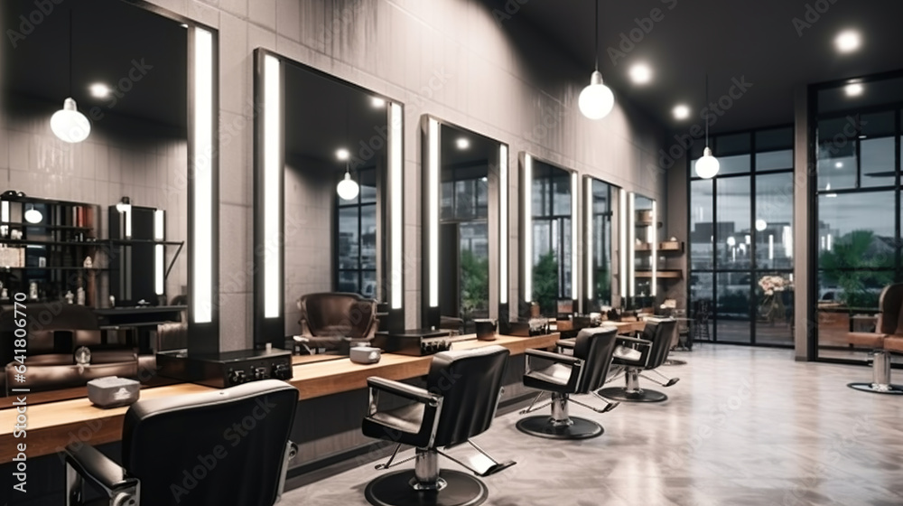 Evening Ambiance in a Modern Barbershop with Mirrors and Chairs and other equipment near large windows. Generative AI