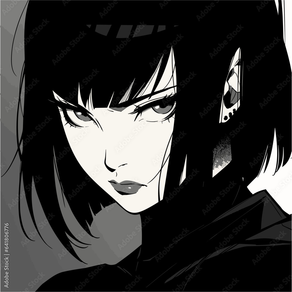 Fototapeta premium Dark-haired cool gothic anime woman with short haircut in neon colors. Manga comics style vector illustration.