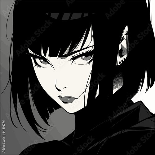 Dark-haired cool gothic anime woman with short haircut in neon colors. Manga comics style vector illustration.