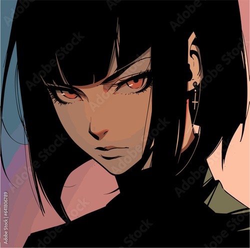 Dark-haired cool gothic anime woman with short haircut in neon colors. Manga comics style vector illustration.