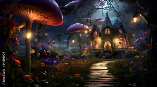 Magical fairy fantasy wood  large trees  flowers and mushrooms  late at night
