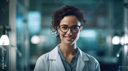 Female laboratory technician, doctor in the lab smiling  photo