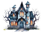 Cute halloween haunted house watercolor style isolated on white background