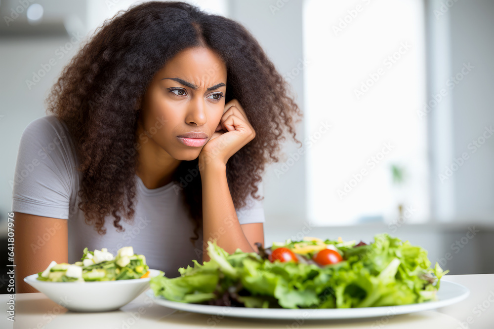 Unhappy Afro American Woman With A Salad In Front Of Her In The Kitchen. Ai Generated