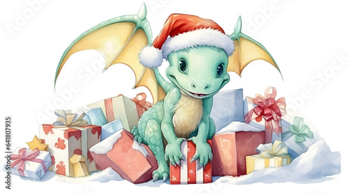 Cute cartoon watercolor green christmas dragon - symbol of the year with gifts