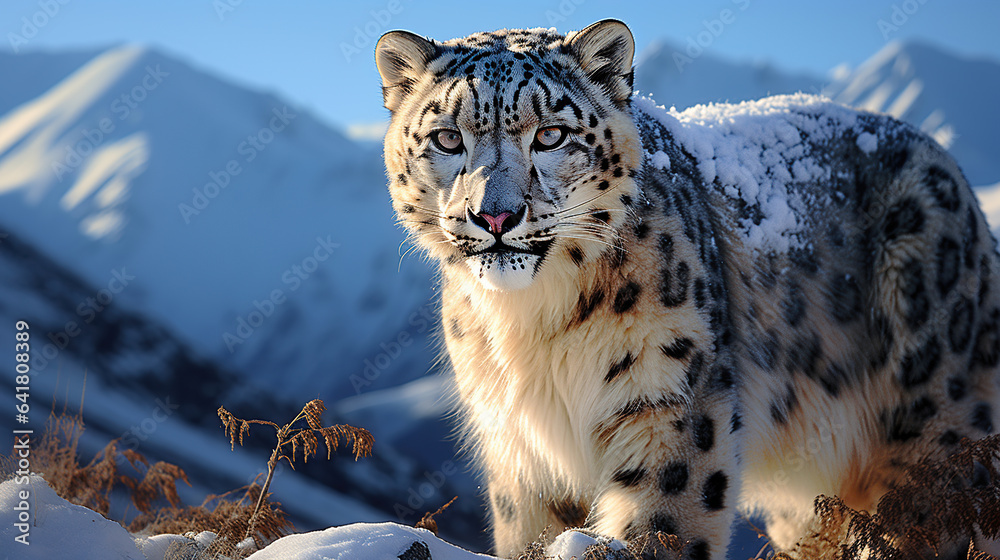 Fototapeta premium Snow Leopard Roaming the Snow-Covered Peaks. Generative AI