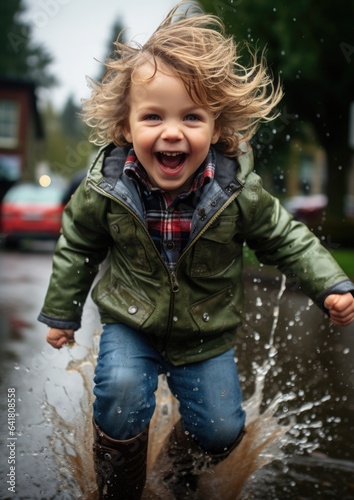 Children in the summer rain. Carefree and joyful atmosphere of happy childhood moments