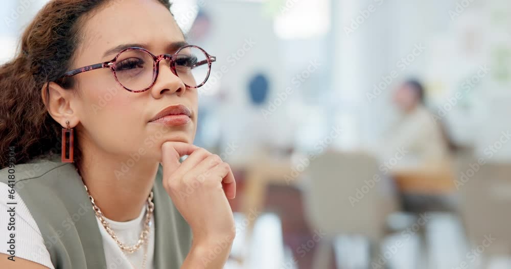 Business, thinking and woman with planning, problem solving or strategy in a workplace, solution or decision. Person, employee or agent with a pc, choice or online reading with ideas or data analysis