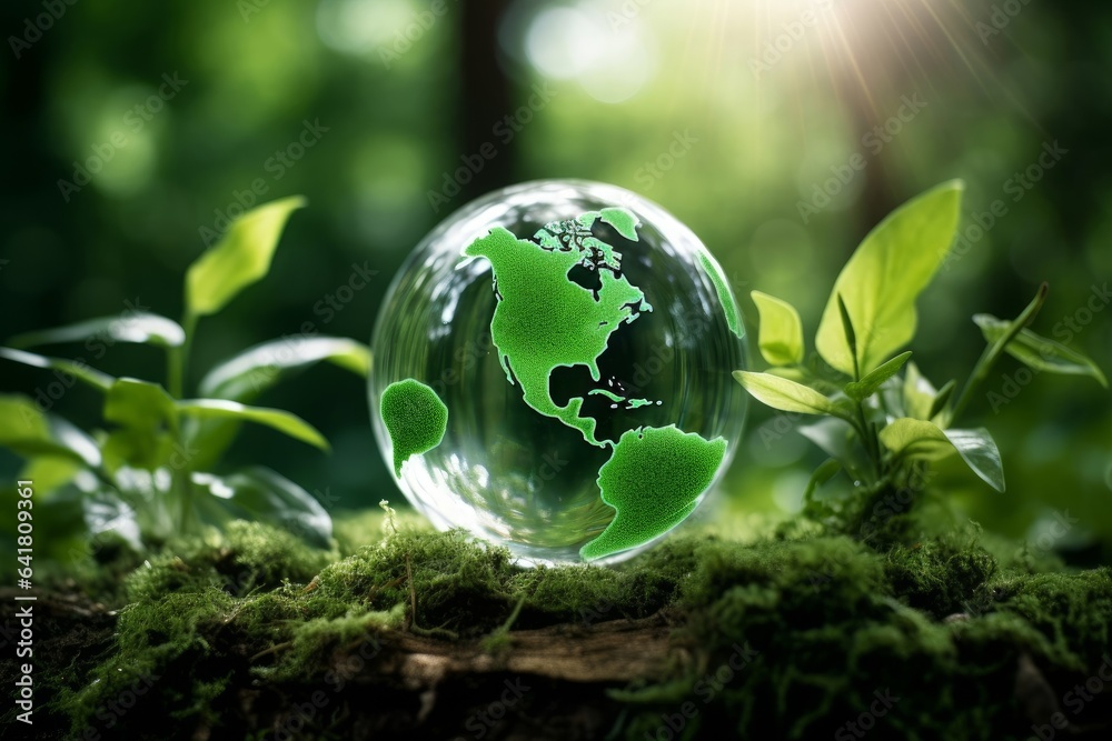 Globe Glass with save water icons In Green Forest With Sunlight. environment day and water day.clean renewable energy, Environmental protection concept of protecting the earth's water, Generative AI Globe Glass with save water icons In Green Forest With Sunlight. environment day and water day.clean renewable energy, Environmental protection concept of protecting the earth's water, Generative AI