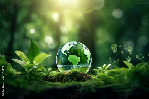 Globe Glass with save water icons In Green Forest With Sunlight. environment day and water day.clean renewable energy, Environmental protection concept of protecting the earth's water, Generative AI photo