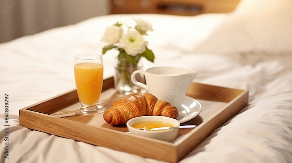 A Cozy Start. Enjoying Coffee, Orange Juice, and a Croissant in Bed. Generative AI A Cozy Start. Enjoying Coffee, Orange Juice, and a Croissant in Bed. Generative AI