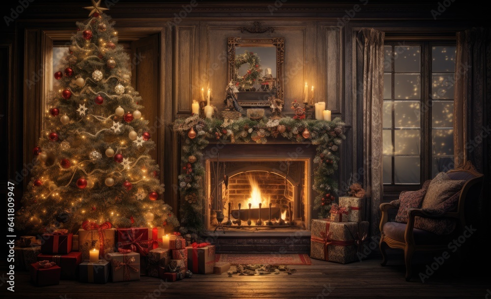 an living room with christmas tree Generative AI