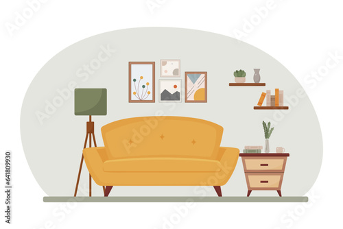 living room interior, furniture, design elements, modern home, sofa, plant, books, mug, lamp, cozy, vector flat style illustration