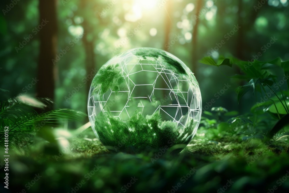 Net zero and carbon neutral concept.Globe Glass with Net zero icons In Green Forest With Sunlight. net zero greenhouse gas emissions target Climate neutral long term strategy on a green, Generative AI Net zero and carbon neutral concept.Globe Glass with Net zero icons In Green Forest With Sunlight. net zero greenhouse gas emissions target Climate neutral long term strategy on a green, Generative AI