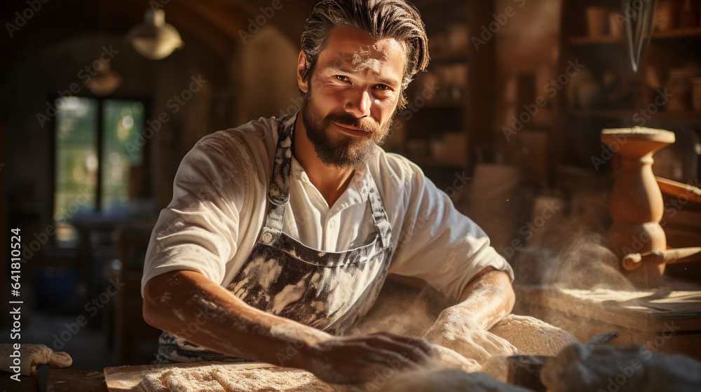 Male baker preparing bread dough at kitchen table