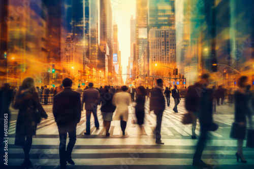Businesspeople walking in the street of a downtown center, pronounced motion blur. illustration of busy life concept