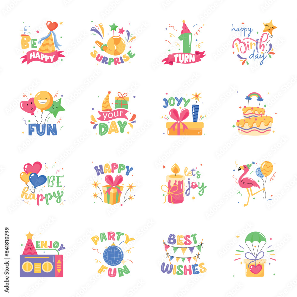 Fototapeta premium Set of Birthday Typography Flat Stickers