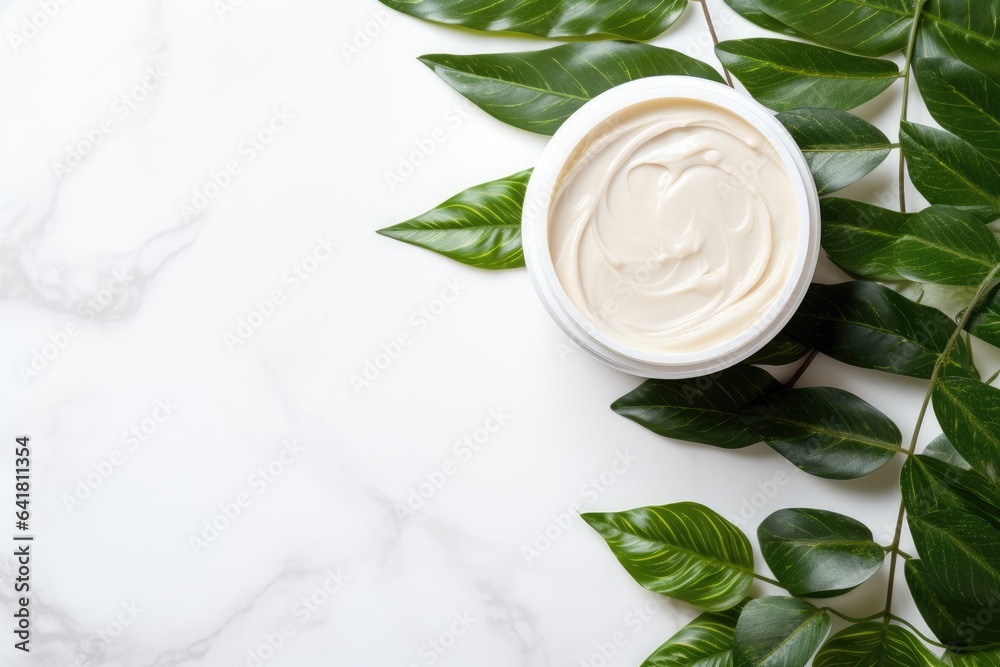 white jar of cream on a white marble background with green leaves scattered around it white jar of cream on a white marble background with green leaves scattered around it