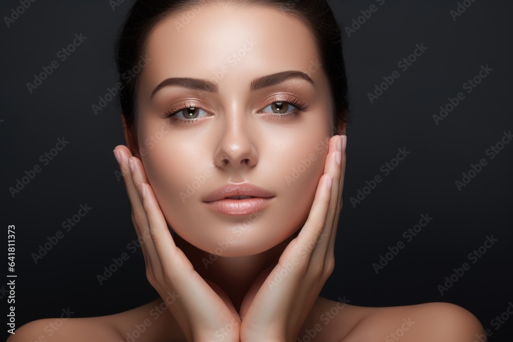 young lady with clear and fresh skin touching her face, indicating facial treatment, cosmetology, beauty, and spa concepts.