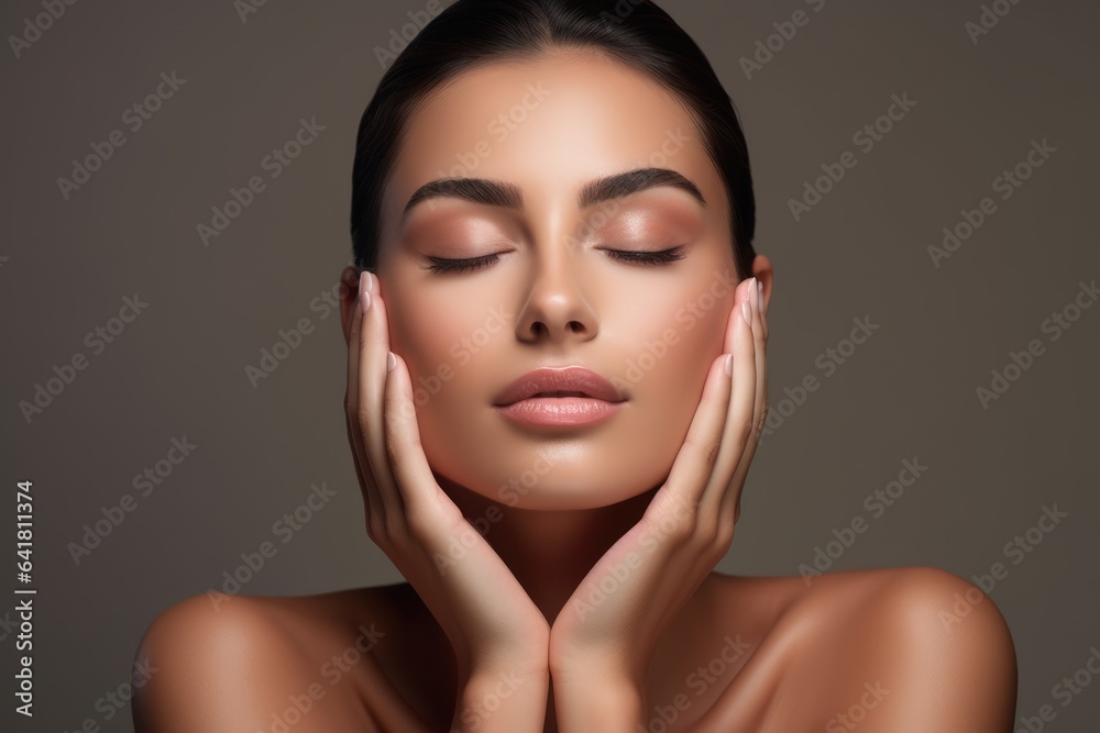 young lady with clear and fresh skin touching her face, indicating facial treatment, cosmetology, beauty, and spa concepts. young lady with clear and fresh skin touching her face, indicating facial treatment, cosmetology, beauty, and spa concepts.