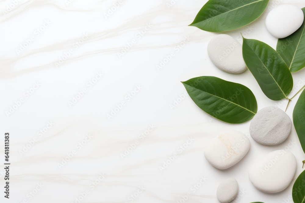 white stone with green leaves on a white stone background. The concept of beauty and health white stone with green leaves on a white stone background. The concept of beauty and health