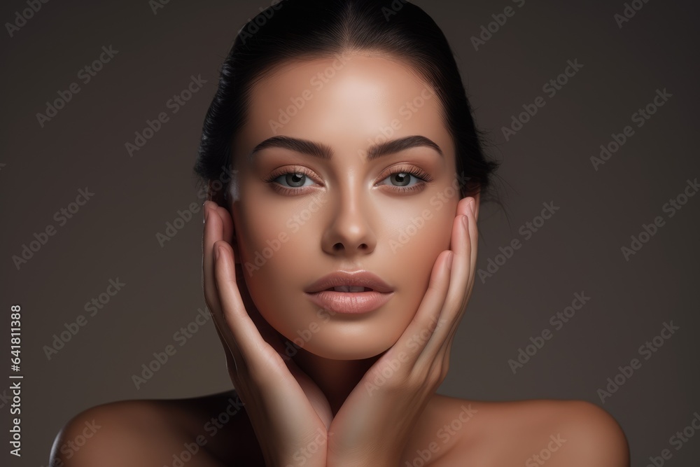 young lady with clear and fresh skin touching her face, indicating facial treatment, cosmetology, beauty, and spa concepts. young lady with clear and fresh skin touching her face, indicating facial treatment, cosmetology, beauty, and spa concepts.