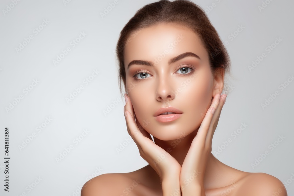beautiful woman with clear and fresh skin is touching her face against a white background, indicating facial treatment, cosmetology, beauty, and spa concepts beautiful woman with clear and fresh skin is touching her face against a white background, indicating facial treatment, cosmetology, beauty, and spa concepts